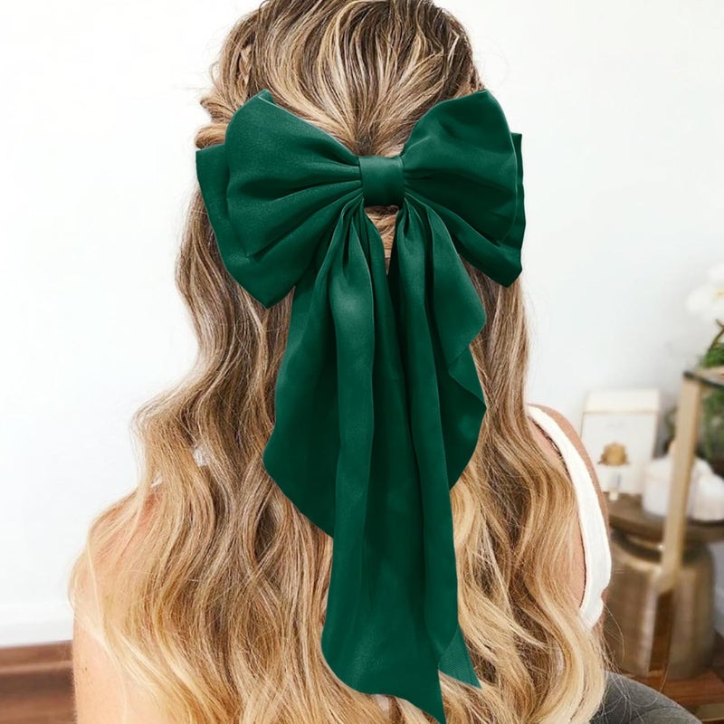 illpta Big Bow Hair Clips, Long Ribbon Hair Pins for Women - Green Hair Bows, Soft Barrettes, and Party Accessories - Image 3